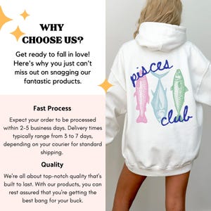 May include: White hoodie with a graphic of three fish and the text "pisces club" on the back.