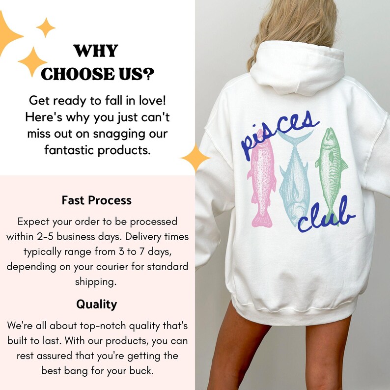 May include: White hoodie with a graphic of three fish and the text "pisces club" on the back.
