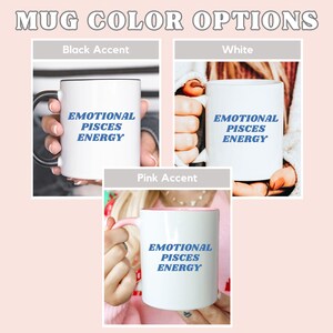 Op de afbeelding: Drie witte keramische mokken met zwarte, witte en roze accenten. Elke mok heeft de tekst "Emotional Pisces Energy" in blauw gedrukt.