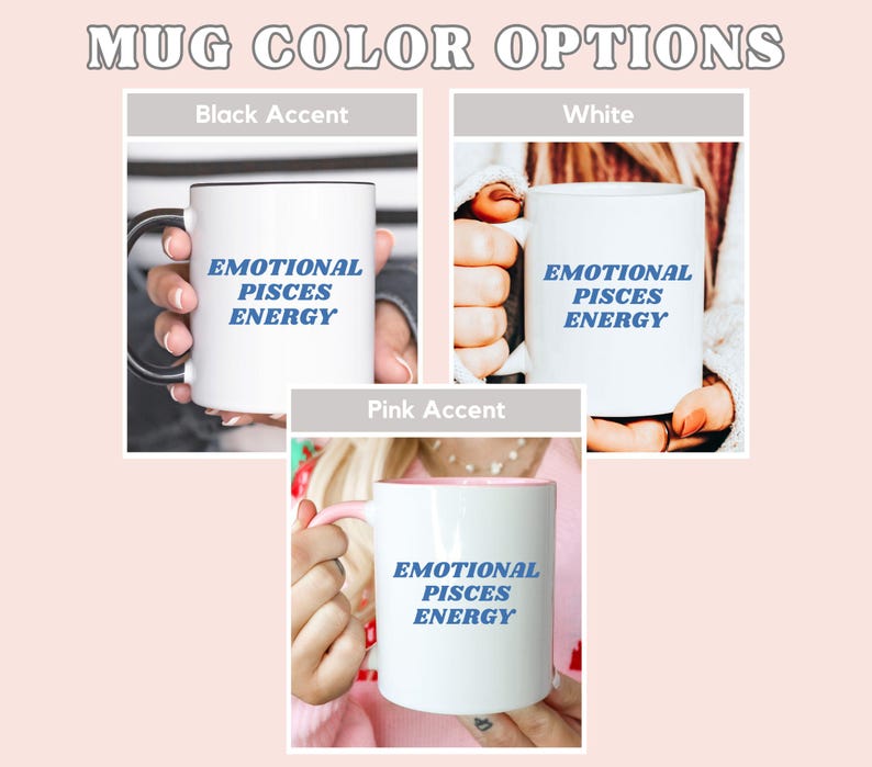 Op de afbeelding: Drie witte keramische mokken met zwarte, witte en roze accenten. Elke mok heeft de tekst "Emotional Pisces Energy" in blauw gedrukt.