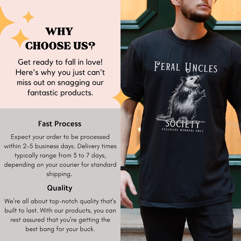 May include: Black t-shirt with a white graphic of a possum with the text "Feral Uncles Society Exclusive Members Only".
