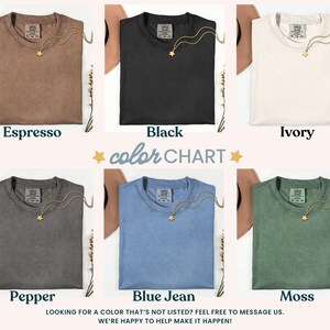 May include: Color chart of six t-shirts in various colors: Espresso, Black, Ivory, Pepper, Blue Jean, and Moss. Each shirt is displayed with a gold necklace and a hat. The text "color CHART" is in the center.