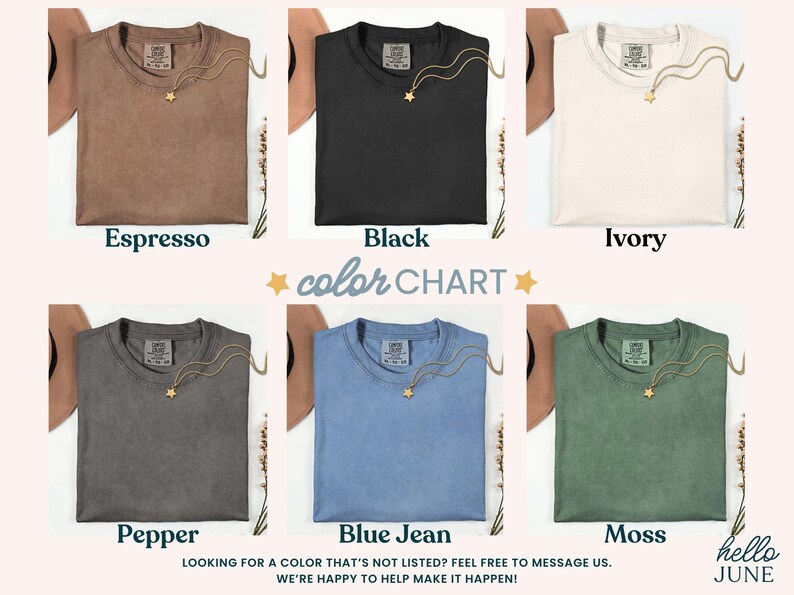 May include: Color chart of six t-shirts in various colors: Espresso, Black, Ivory, Pepper, Blue Jean, and Moss. Each shirt is displayed with a gold necklace and a hat. The text "color CHART" is in the center.