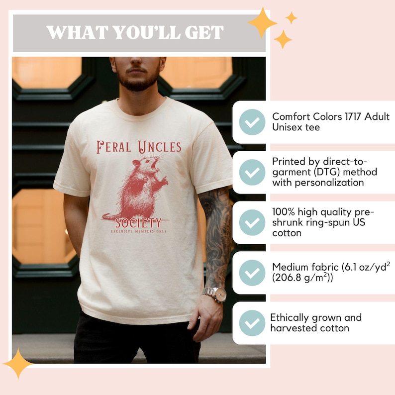 May include: A beige unisex t-shirt with a red illustration of a rat and the text "Feral Uncles Society Exclusive Members Only". The shirt is made of 100% high quality pre-shrunk ring-spun US cotton.