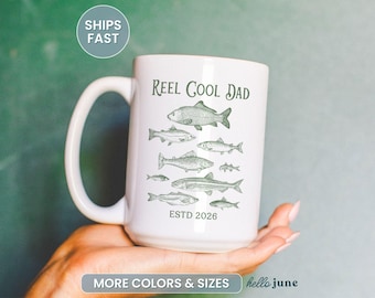 Reel Cool Dad Est Mug Fishing Lover Gift for Fathers Day Dad Coffee Mug Personalized Custom Year Dad Husband Pregnancy Reveal Fishing Dad