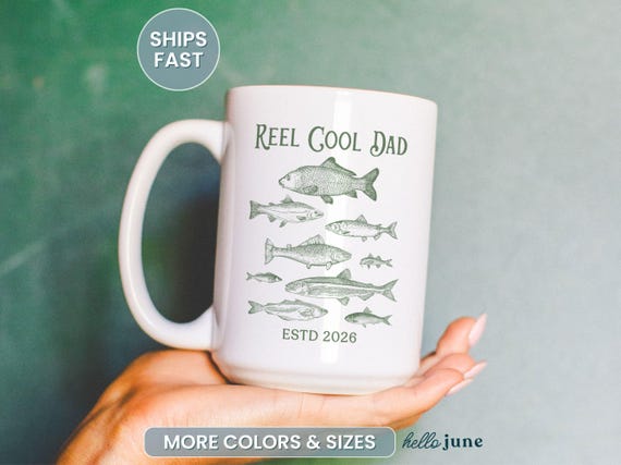 Reel Cool Dad Est Mug Fishing Lover Gift for Fathers Day Dad Coffee Mug Personalized Custom Year Dad Husband Pregnancy Reveal Fishing Dad