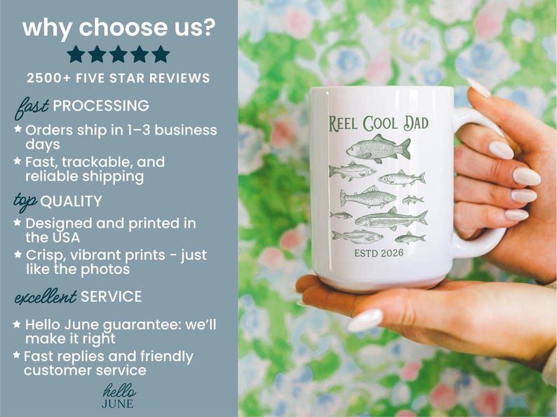 May include: White ceramic mug featuring the text "REEL COOL DAD" and grey fish illustrations. The mug also has "ESTD 2026". The mug is held by a person.