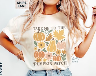 Chemise florale bohème à patch citrouille d'automne, t-shirt citrouille rétro, automne vintage, col rond, cadeau pour les amoureux de l'automne, t-shirt citrouille pour femmes, automne-hiver