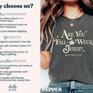 May include: Dark gray t-shirt with the text "Are You Fall-o-Ween Jesus?" in white, along with "Matthew 4:19". The shirt has a relaxed fit and is made of a soft material. The word "Pepper" is at the bottom.