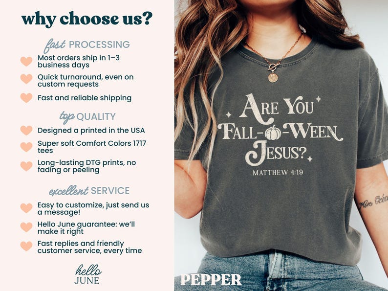 May include: Dark gray t-shirt with the text "Are You Fall-o-Ween Jesus?" in white, along with "Matthew 4:19". The shirt has a relaxed fit and is made of a soft material. The word "Pepper" is at the bottom.