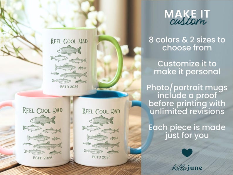 May include: White ceramic mugs with colourful handles and interiors, featuring a fish illustration and the text "REEL COOL DAD ESTD 2026". The mugs are available in various colours and sizes, ideal for a fishing enthusiast.
