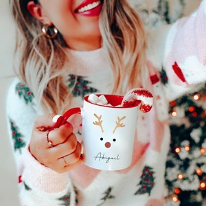 Reindeer Mug | Personalized Christmas Hot Cocoa Mug for Kids | North Pole Hot Chocolate Mug | 11 oz White Ceramic Mug Red Accent