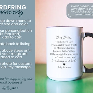 May include: White ceramic mug with a black handle and rim, featuring a heartfelt message to "Daddy" for Father's Day. The mug includes a personalized message from "Baby Johnson". The mug is a thoughtful gift.