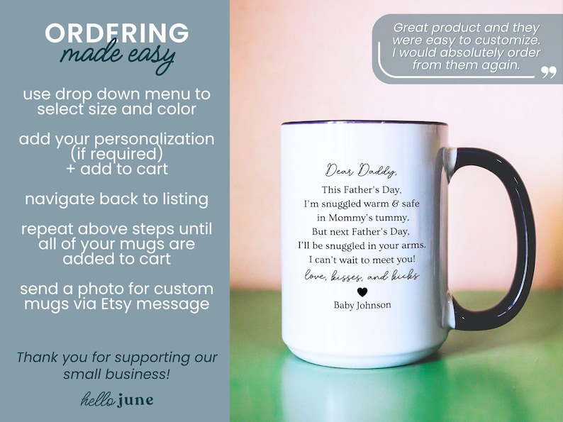 May include: White ceramic mug with a black handle and rim, featuring a heartfelt message to "Daddy" for Father's Day. The mug includes a personalized message from "Baby Johnson". The mug is a thoughtful gift.
