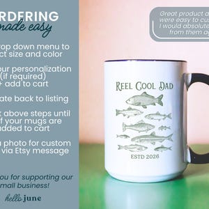 May include: White ceramic mug with a black handle and rim, featuring the text "REEL COOL DAD" and illustrations of various fish. The mug also includes the text "ESTD 2026". Ordering instructions are on the left.