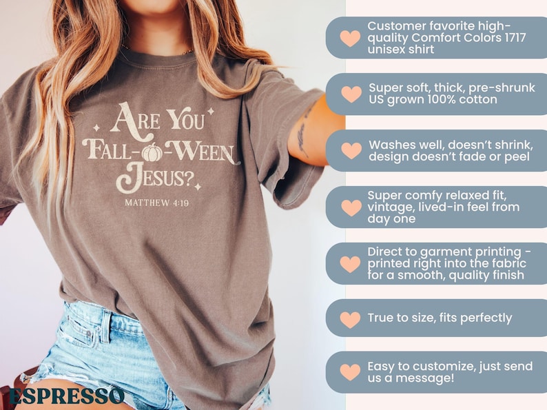 May include: A brown unisex t-shirt with the text "Are You Fall-Ween Jesus?" and "Matthew 4:19" in a vintage style. The shirt is made of soft, pre-shrunk cotton.