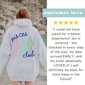 May include: Gray hooded sweatshirt with a graphic of three fish and the text "pisces club" printed on the back.