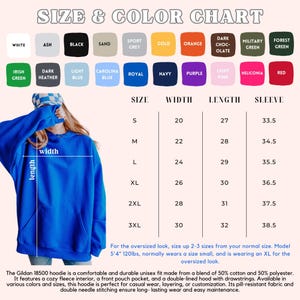 May include: Size chart for a unisex hoodie with a variety of color options. The chart shows the width, length, and sleeve length for sizes S through 3XL. The model is wearing a blue hoodie and is 5'4" and 120lbs.