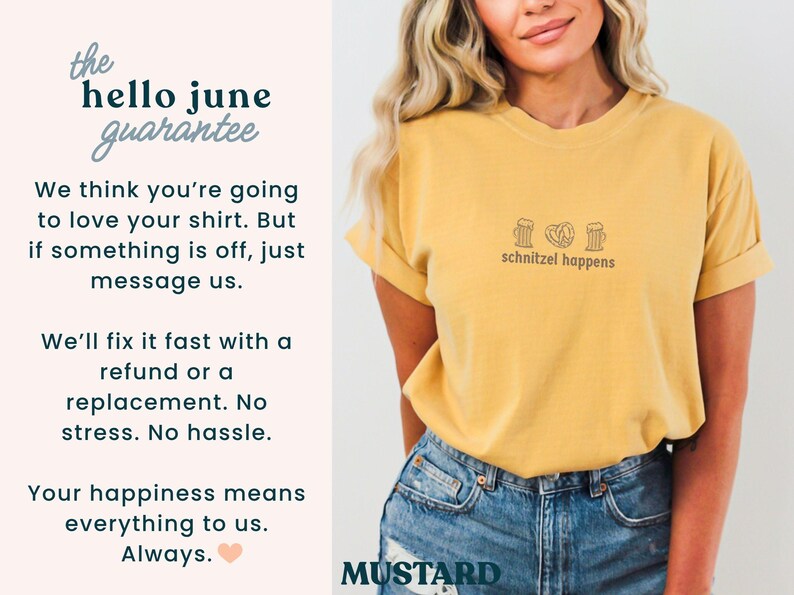May include: Mustard-colored t-shirt with the phrase "schnitzel happens" and small graphic icons. The shirt has rolled-up sleeves and is paired with blue denim shorts. The text "hello june guarantee" is also visible.