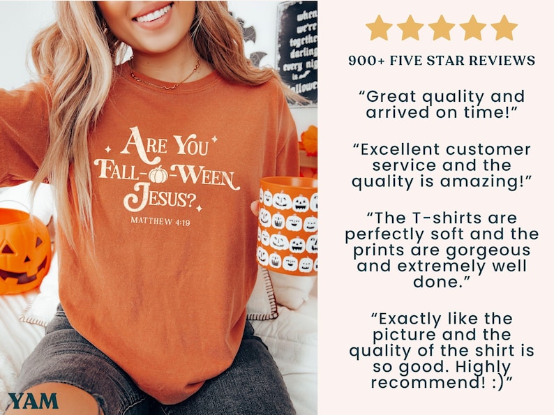 May include: Orange long-sleeved shirt with the text "Are You Fall-Ween Jesus?" and Matthew 4:19. A person is holding a pumpkin-themed mug. The image also includes a carved pumpkin and customer reviews.