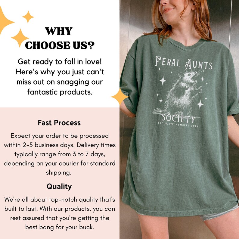 May include: Green t-shirt with a graphic of a possum and the text "Feral Aunts Society Exclusive Members Only".