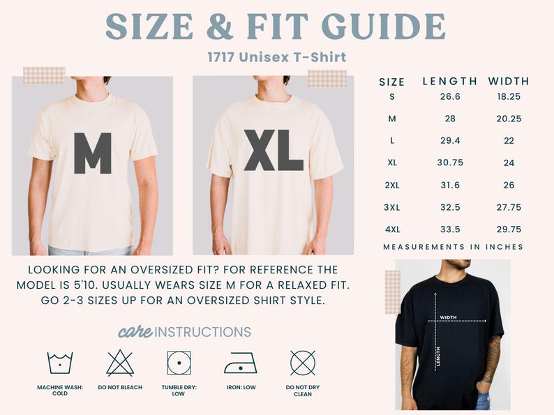 K&ouml;nnte beinhalten: Gr&ouml;&szlig;en- und Passform&uuml;bersicht f&uuml;r ein Unisex-T-Shirt, mit Ma&szlig;en in Zoll. Enth&auml;lt Pflegehinweise und einen Hinweis f&uuml;r eine &uuml;bergro&szlig;e Passform. Das Model ist 1,78 m gro&szlig; und tr&auml;gt normalerweise Gr&ouml;&szlig;e M f&uuml;r eine lockere Passform.