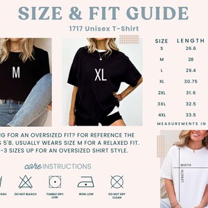 May include: Size and fit guide for a 1717 unisex t-shirt. The guide includes measurements in inches for sizes S to 4XL. The image also shows care instructions and tips for an oversized fit. The model is 5'8 and usually wears size M.