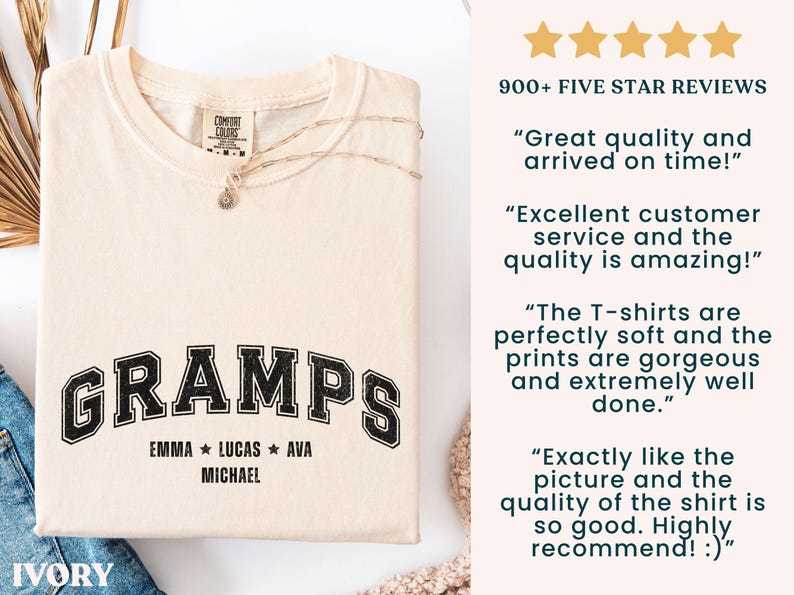 May include: Ivory-colored t-shirt with the word "GRAMPS" in a black, collegiate-style font. Below the word are the names Emma, Lucas, Ava, and Michael. The shirt has a crew neck and short sleeves.