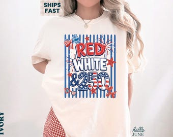 T-shirt rouge blanc et 250 anniversaire des États-Unis, t-shirt américain du 250e anniversaire du 4 juillet, t-shirt du demi-cinquantième anniversaire des États-Unis, chemise patriotique des États-Unis pour femme