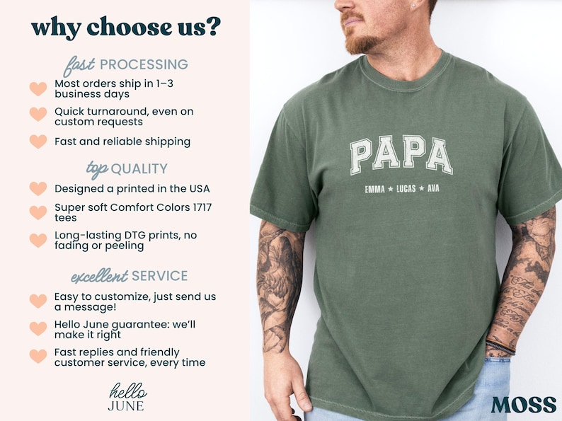 May include: A moss green t-shirt with the word "PAPA" in white block letters, with the names "EMMA", "LUCAS", and "AVA" below. The shirt is made of soft Comfort Colors material.