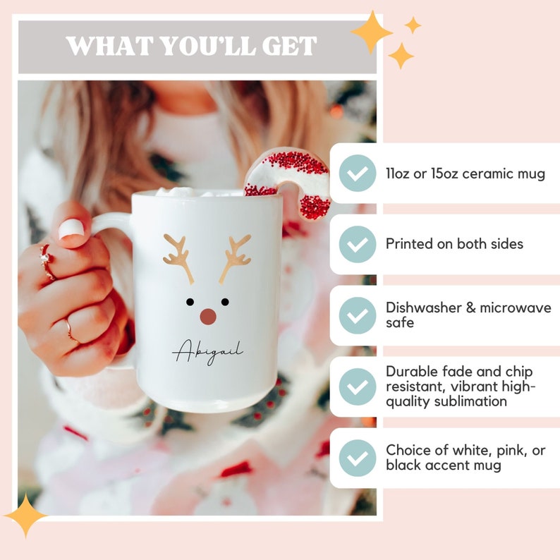 Reindeer Mug | Personalized Christmas Hot Cocoa Mug for Kids | North Pole Hot Chocolate Mug | 11 oz White Ceramic Mug White
