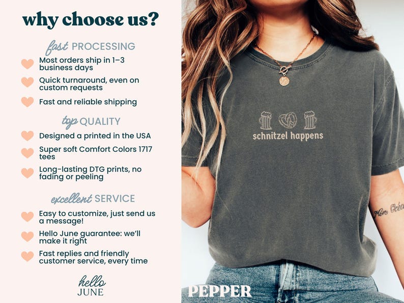 May include: A dark gray t-shirt with the phrase "schnitzel happens" and beer steins and a pretzel graphic. The shirt is made of a soft material and is designed and printed in the USA.