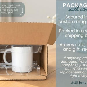 May include: A white ceramic mug inside a cardboard box with a clear plastic insert. The box is open, revealing the mug, which is packaged for safe shipping. Text on the box says "PACKAGED with care".