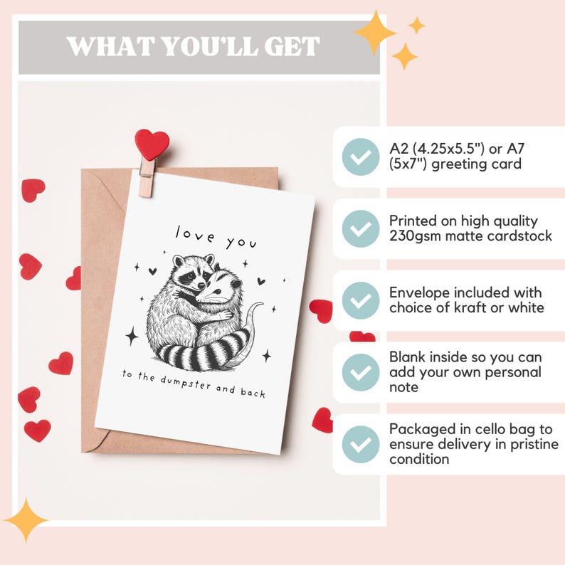 May include: A greeting card featuring a black and white illustration of two animals embracing. The card reads "love you to the dumpster and back". The card is available in A2 (4.25x5.5 inches) or A7 (5x7 inches) sizes. It is printed on high quality 230gsm matte cardstock and comes with a kraft or white envelope.