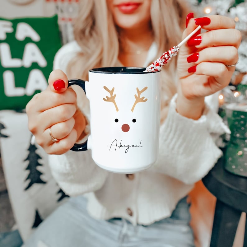 Reindeer Mug | Personalized Christmas Hot Cocoa Mug for Kids | North Pole Hot Chocolate Mug | 11 oz White Ceramic Mug Black Accent