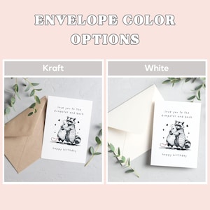 Puede incluir: Dos opciones de sobres para una tarjeta de cumplea&ntilde;os con un mapache y un rat&oacute;n abraz&aacute;ndose. La tarjeta dice "love you to the dumpster and back" y "happy birthday". Los sobres son de color marr&oacute;n kraft y blanco.