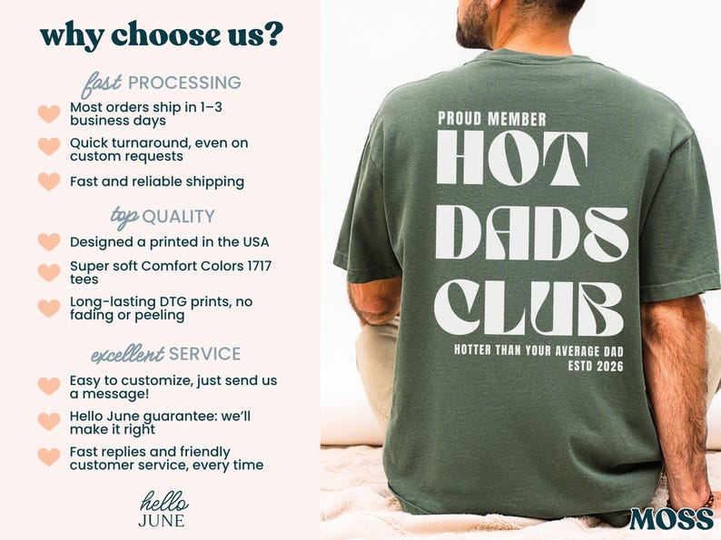 May include: A dark green t-shirt with the text "HOT DADS CLUB" in large white letters on the back. The shirt also includes the phrases "PROUD MEMBER" and "HOTTER THAN YOUR AVERAGE DAD ESTD 2026".