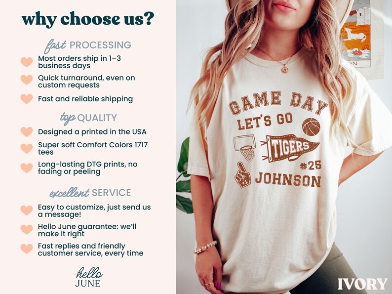 May include: Cream-coloured t-shirt featuring a brown graphic that says "GAME DAY LET'S GO TIGERS #25 JOHNSON" with a basketball, pennant, and basketball hoop design. The shirt is made of soft Comfort Colors material.