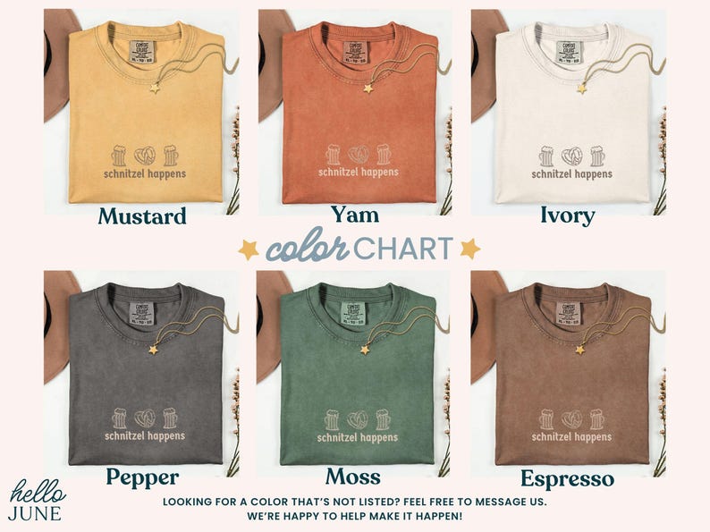 May include: A color chart featuring six t-shirts in various colors: mustard, yam, ivory, pepper, moss, and espresso. Each shirt has a gold necklace and the text "schnitzel happens". The image includes the text "color chart".