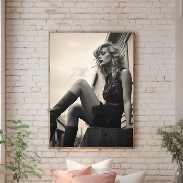 Trailer Park Girl with a cigarette Poster Black and White Wall Art