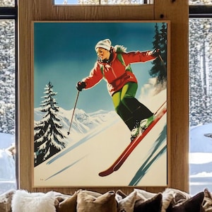 Vintage Skiing Wall Art, Ski Decor, Winter Sports Art, Retro Skiing Poster, Vintage Ski Print, Gift for Ski Lovers