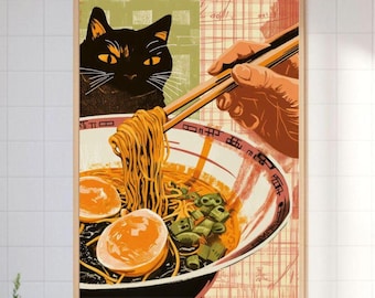 Ramen Cat Wall Art, Retro Japanese Poster, Vintage Kitchen Art, Cat Lover Gift, Japanese Ramen Wall Art