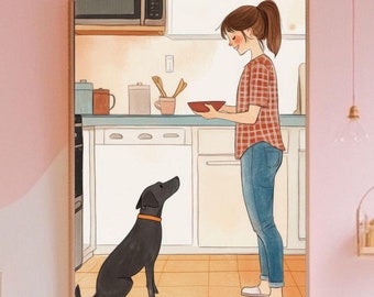 Arte de pared con perro lindo, decoración para mascotas lindas, regalo para amantes de los perros, arte de pared para la cocina, ilustración de animales, impresión de reproducción de dibujo original
