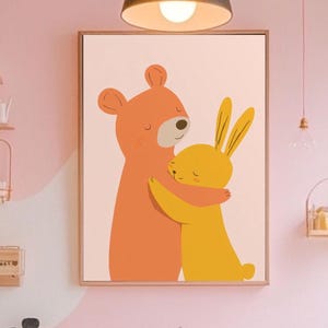 Cute Animal Hug Wall Art, Whimsical Wall Art, Nursery Decor, Kids&#39; Room Decor, Friendship Wall Art