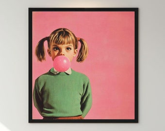 Retro Wall Art Girl with a Bubble Gum Poster Bubble Gum Wall Art Vintage Kid Print