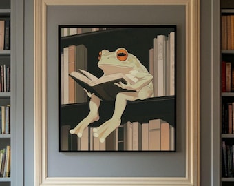 Whimsical Frog Reading Poster, Cute Decor for Book Lovers, Frog Lover Gift, Frog Wall Art, Reading Wall Art, Library Decor