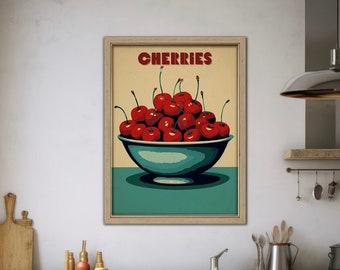 Cherries Wall Art Retro Art Poster of Cherries in Bowl, Vintage Cherries Poster Cherries Print, Vintage Bauhaus Inspired Poster