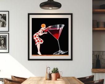 Vintage Poster Girl Woman with Martini Glass Art Drink Poster Print with Girl with large Martini Glass