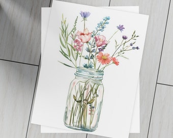 Watercolor Flowers in Mason Jar Card Set, blank cards, folded stationery, Greeting cards Bundles (envelopes included)