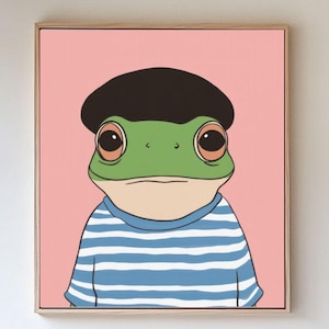 Cute Frog Wall Art Silly Home Decor, Frog in Beret Print, Kids Room Wall Art Funny Frog Poster
